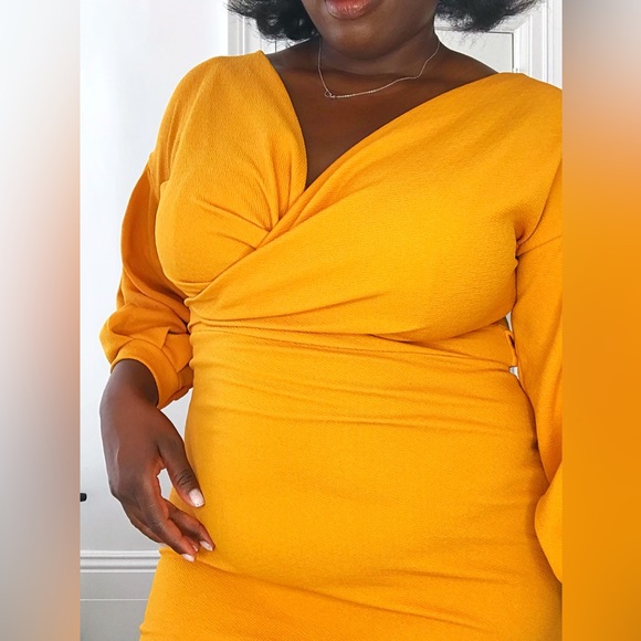 Yellow Mustard Bodycon Wrap Front Dress With Tie Long Sleeve in size (XL) - Picture 4 of 5